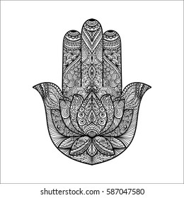 Ornamental hand vector with eye. Vector hand drawn indian protective symbol