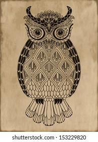 Ornamental hand-drawn owl on vintage background