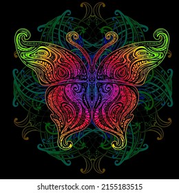 Ornamental handmade butterfly in Boho style. Hand Drawn vector illustration tattoo template. Modern stylish and trendy style for prints and fabric printing. Hippie designs.