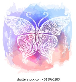 Ornamental handmade butterfly in Boho style. Hand Drawn vector illustration tattoo template. Modern stylish and trendy style for prints and fabric printing. Hippie designs.