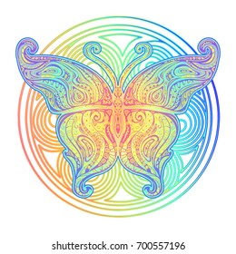 Ornamental handmade butterfly in Boho style. Hand Drawn vector illustration tattoo template. Modern stylish and trendy style for prints and fabric printing. Hippie designs.