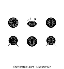 Ornamental handpan black glyph icons set on white space. Traditional musical instrument for relaxation beats. Play in band with steelpan percussion. Silhouette symbols. Vector isolated illustration