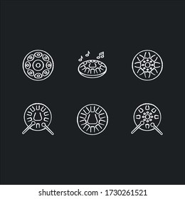 Ornamental handpan chalk white icons set on black background. Traditional musical instrument for relaxation beats. Play in band with steelpan percussion. Isolated vector chalkboard illustrations