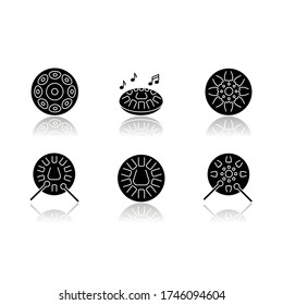 Ornamental handpan drop shadow black glyph icons set. Traditional musical instrument for relaxation beats. Play in band with steelpan percussion. Isolated vector illustrations on white space