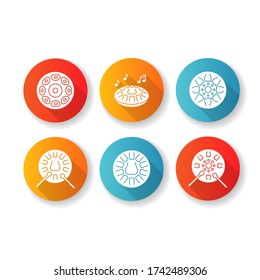 Ornamental handpan flat design long shadow glyph icons set. Traditional musical instrument for relaxation beats. Play in band with steelpan percussion. Silhouette RGB color illustration