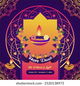 Ornamental Happy Diwali Festival 2024 with Diya and Mandala Illustration. Diwali "The Festival of Light" Holiday Background Celebration,Greeting Card, Vector, Banner, Poster, Social Media Feed. 