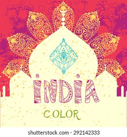 Ornamental Happy india color celebration card with mandala. Invitation card in vector. Perfect  cards for any other kind of design and other holiday, kaleidoscope,  medallion, yoga, india, arabic