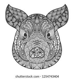 Ornamental head of pig or boar a symbol of new year 2019. Black and white doodling concept. Vector illustration.