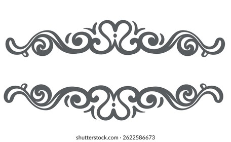 Ornamental heart dividers with swirls and curls in elegant outline style. Romantic horizontal borders for wedding invitations, cards, or decor. Vector illustration.