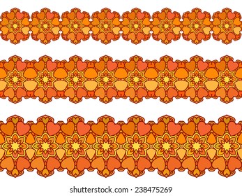 Ornamental heart and flower Seamless border Vector set Orange color 