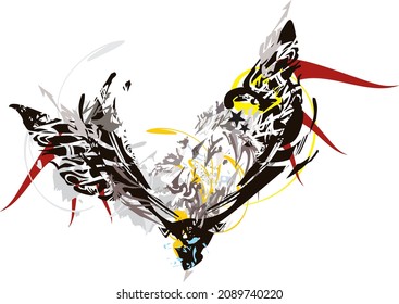 Ornamental heart with horse and wings elements on white. Black heart as a frame in gray-yellow-dark red tones for textiles, wallpaper and posters, postcards, prints on T-shirts, fabric products, etc.