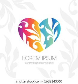 Ornamental heart logo. Foliage and floral vector emblem. Colorful design element.