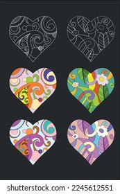 Ornamental hearts for saint valentinas day in vector. Outline and colorful. For printing badges, labels and greetings card