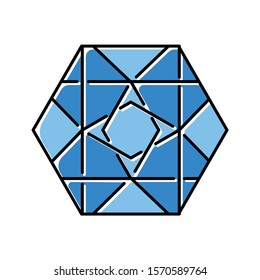 Ornamental hexagon color icon. Decorative geometric figure. Crossed lines. Tile texture element. Square and romb outline. Abstract shape. Isometric form. Isolated vector illustration