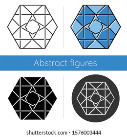 Ornamental hexagon icon. Decorative geometric figure. Crossed lines. Square and romb outline. Abstract shape. Isometric form. Flat design, linear and color styles. Isolated vector illustrations