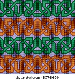 Ornamental horizontal interlaced rows with green and orange threads, seamless knitting vector pattern as a fabric texture