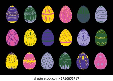 Huevos ilustrados ornamentales con patrones intrincados y detalles de joyas. Conjunto decorativo de ilustración de primavera inspirado en diseños de huevos reales hechos a mano para tarjetas, estampados y marcas.