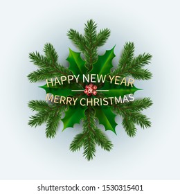Ornamental image of Snowflake Collected from Christmas Tree Branch. Vector illustration. Great for christmas cards, banners, flyers, party posters