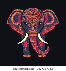 Ornamental indian elephant colorful textured beautiful pattern background illustration. Decorative embroidery style patterned hand drawn elephant. Grunge texture.