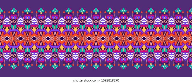 ornamental indian kalamkari style stripe pattern, decorative seamless floral ornament borders, tribal vector illustration