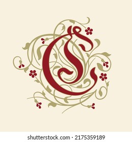 Letra Ornamental Inicial C Con Tendrils De Oro, Hojas Y Pequeñas Flores De Borgoña En Un Fondo Beige