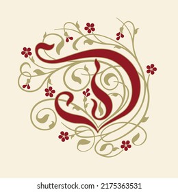 Ornamental Initial Letter D With Golden Tendrils, Leaves And Small Burgundy Flowers On A Beige Background