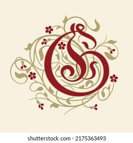 Letra Ornamental Inicial G Con Tendrils De Oro, Hojas Y Pequeñas Flores De Borgoña En Un Fondo Beige