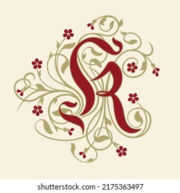 Ornamental Initial Letter K With Golden Tendrils, Leaves And Small Burgundy Flowers On A Beige Background