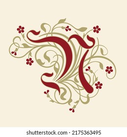 Ornamental Initial Letter N With Golden Tendrils, Leaves And Small Burgundy Flowers On A Beige Background