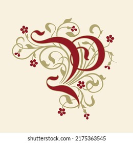 Anfangsbuchstabe P mit goldenen Tendrillen, Blättern und kleinen Burgunderblumen auf beigem Hintergrund