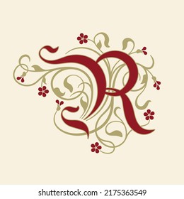 Ornamental Initial Letter R With Golden Tendrils, Leaves And Small Burgundy Flowers On A Beige Background