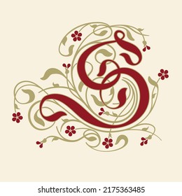 Ornamental Initial Letter S With Golden Tendrils, Leaves And Small Burgundy Flowers On A Beige Background