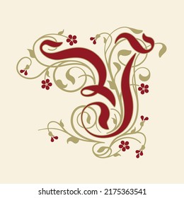 Ornamental Initial Letter Y With Golden Tendrils, Leaves And Small Burgundy Flowers On A Beige Background