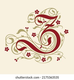 Letra Ornamental Inicial Z Con Tendrils De Oro, Hojas Y Pequeñas Flores De Borgoña En Un Fondo Beige