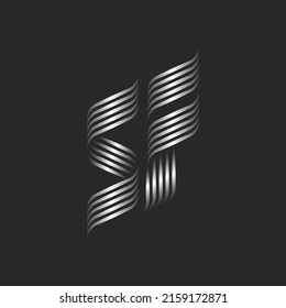 Zierinitialen SF oder FS Buchstaben Logo Monogramm, verbunden zwei Buchstaben S und F für Visitenkarten Emblem, Gewebe dünne metallische Farblinien, silbergebogene Streifen Form.