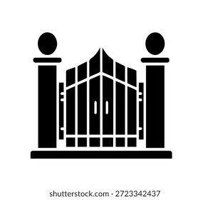 Ilustração vetorial da silhueta do portão de ferro ornamental com pilares de pedra para o jardim de entrada do luxo arquitetura da cerca de segurança e exterior da propriedade