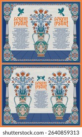 Ornamental Islamic floral design with blue tones and bird patterns. Ideal for book covers, invitations, menus, labels, or greeting cards in vintage and medieval styles.