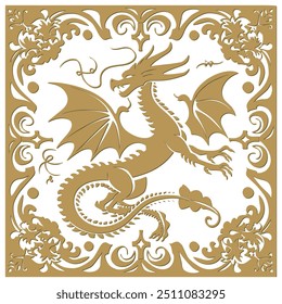 Ornamental isolated chinese golden dragon silhouette pattern with floral frame. Chinese symbol. Patterned decorative ethnic asian style dragon on white background. Card. Emblem, logo, print, fabric.