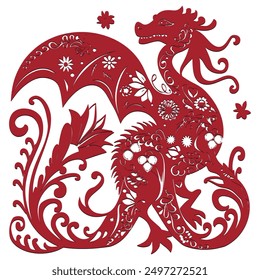 Ornamental isolated chinese red dragon silhouette pattern. Dragon dance. Chinese symbol. Isolated patterned decorative asian ethnic style floral dragon on white background. Card. Emblem, logo, print.