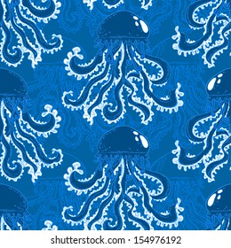 Ornamental jellyfish seamless pattern. Endless sea ornamental textured background.
