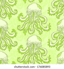 Ornamental jellyfish seamless pattern. Endless sea ornamental textured background.