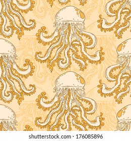 Ornamental jellyfish seamless pattern. Endless sea ornamental textured background.