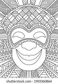 Ornamental jester in venetian mask stock vector illustration. Funny symmetry Mardi Gras character portrait coloring page for kids and adults. Funny joker wears mask and smiles black and white zen art