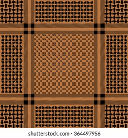 Ornamental keffiyeh vector pattern with geometric print and floral motif. Traditional Middle Eastern headdress. Black on brown. Backgrounds & textures shop.
