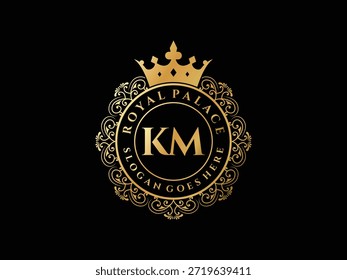 Plantilla de logotipo de cresta real inicial de km ornamental para empresa de negocios de joyería de marca heráldica de moda y ornamento boutique