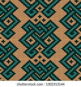 Ornamental knitted seamless pattern with geometric decorative figures with interlacing lines, vector as a fabric texture