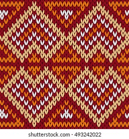 Ornamental knitting seamless vector ethnic pattern with perpendicular lines as a knitted fabric texture in warm hues of red, orange, beige and white