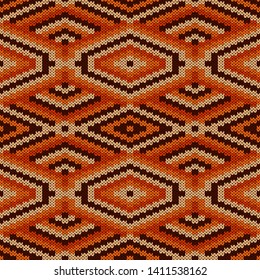 Ornamental knitting seamless vector pattern in brown and orange hues as a fabric texture