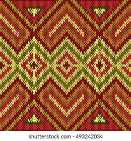 Ornamental knitting seamless vector pattern with perpendicular lines as a knitted fabric texture in bright warm hues of red, orange, yellow and green