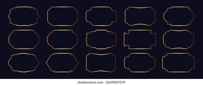 Quadros de etiqueta ornamental com contorno dourado. conjunto de quadros vintage de luxo, coleção de etiquetas retro, adesivo de venda ou cartão de convite. Símbolos vetoriais isolados.